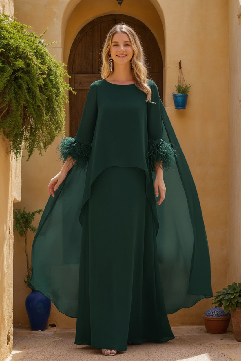 Sheath/Column Jewel Neck 3/4 Sleeves Floor-Length Mother of the Bride Dresses with Cape & Feathers