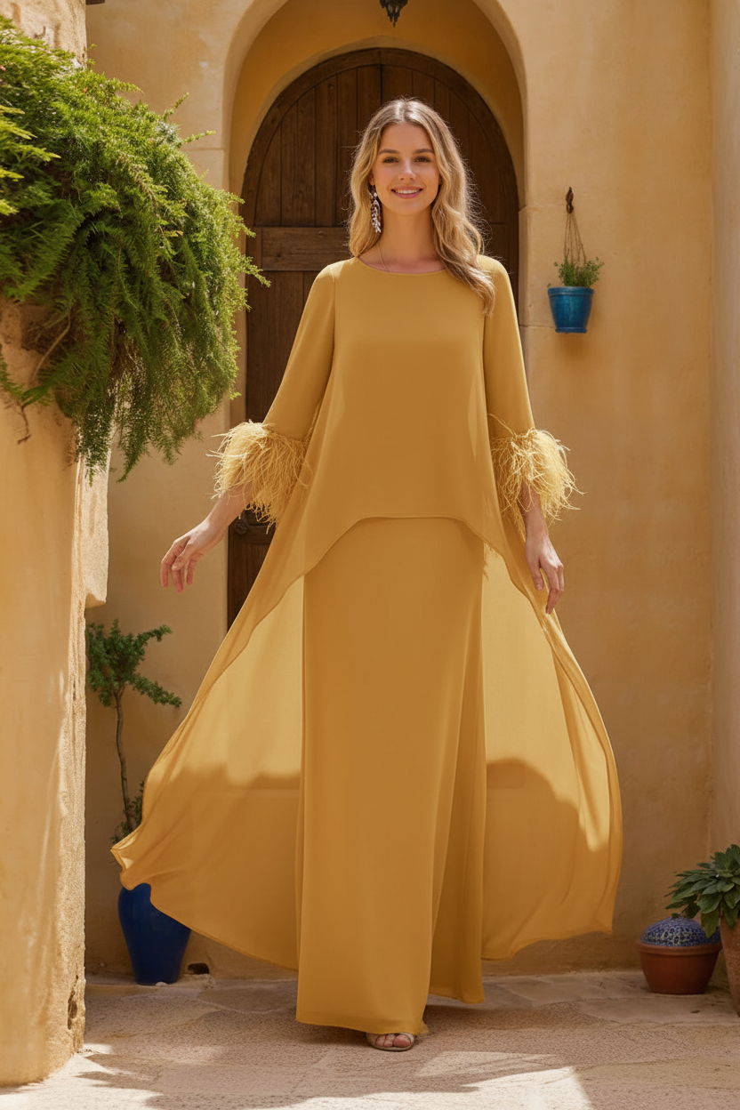 Sheath/Column Jewel Neck 3/4 Sleeves Floor-Length Mother of the Bride Dresses with Cape & Feathers