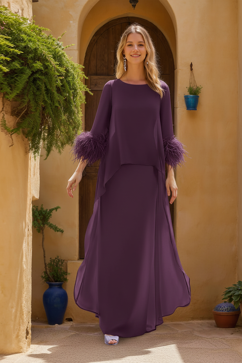 Sheath/Column Jewel Neck 3/4 Sleeves Floor-Length Mother of the Bride Dresses with Cape & Feathers