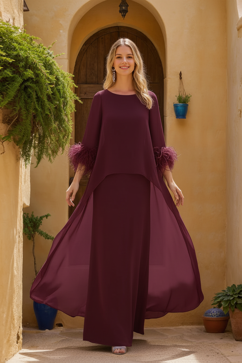 Sheath/Column Jewel Neck 3/4 Sleeves Floor-Length Mother of the Bride Dresses with Cape & Feathers