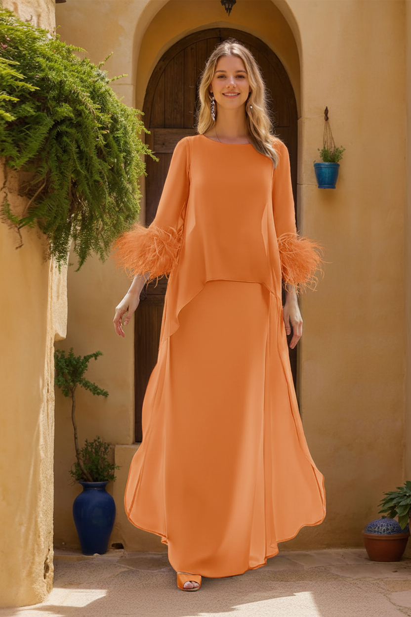 Sheath/Column Jewel Neck 3/4 Sleeves Floor-Length Mother of the Bride Dresses with Cape & Feathers