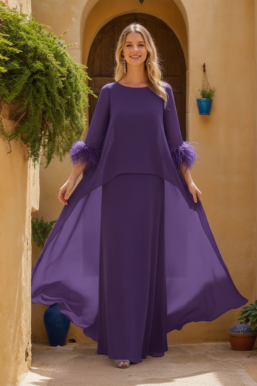 Sheath/Column Jewel Neck 3/4 Sleeves Floor-Length Mother of the Bride Dresses with Cape & Feathers
