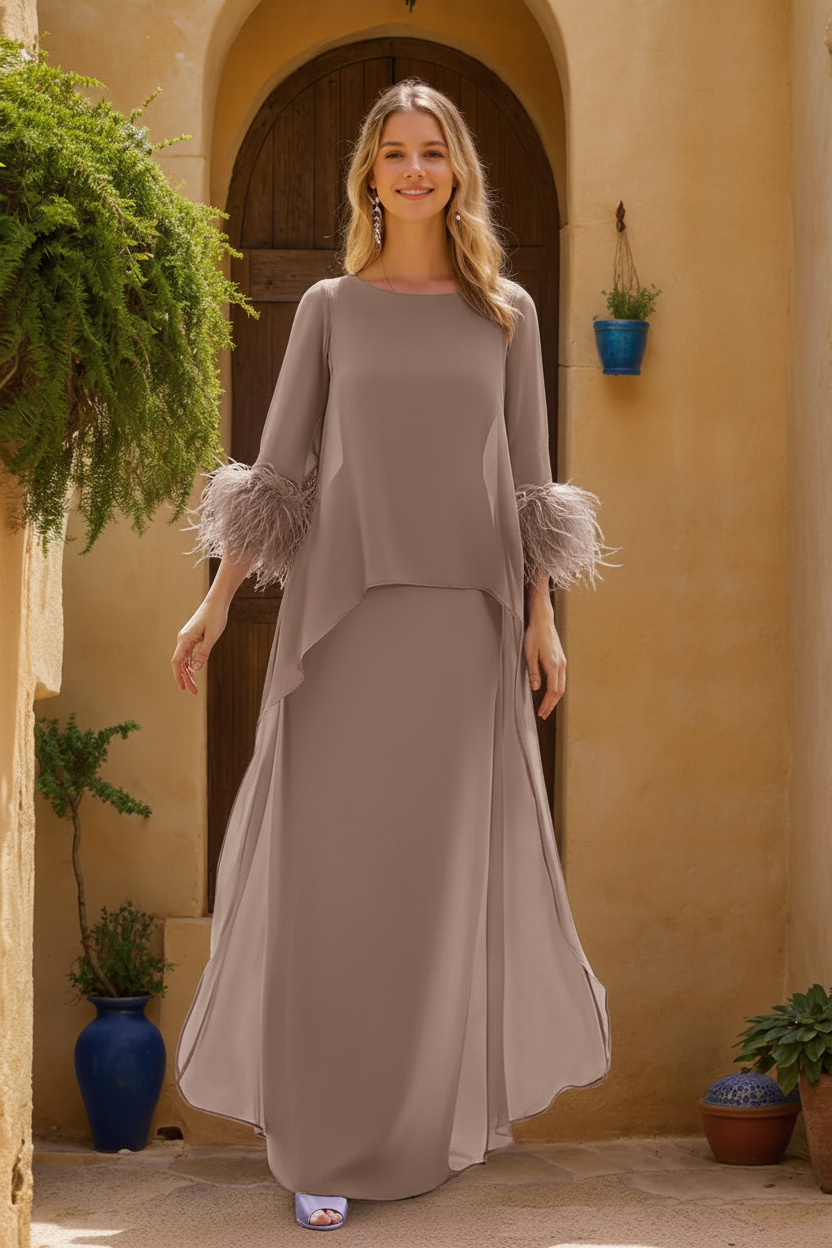 Sheath/Column Jewel Neck 3/4 Sleeves Floor-Length Mother of the Bride Dresses with Cape & Feathers