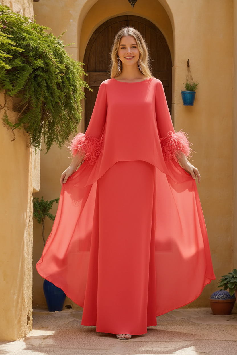 Sheath/Column Jewel Neck 3/4 Sleeves Floor-Length Mother of the Bride Dresses with Cape & Feathers