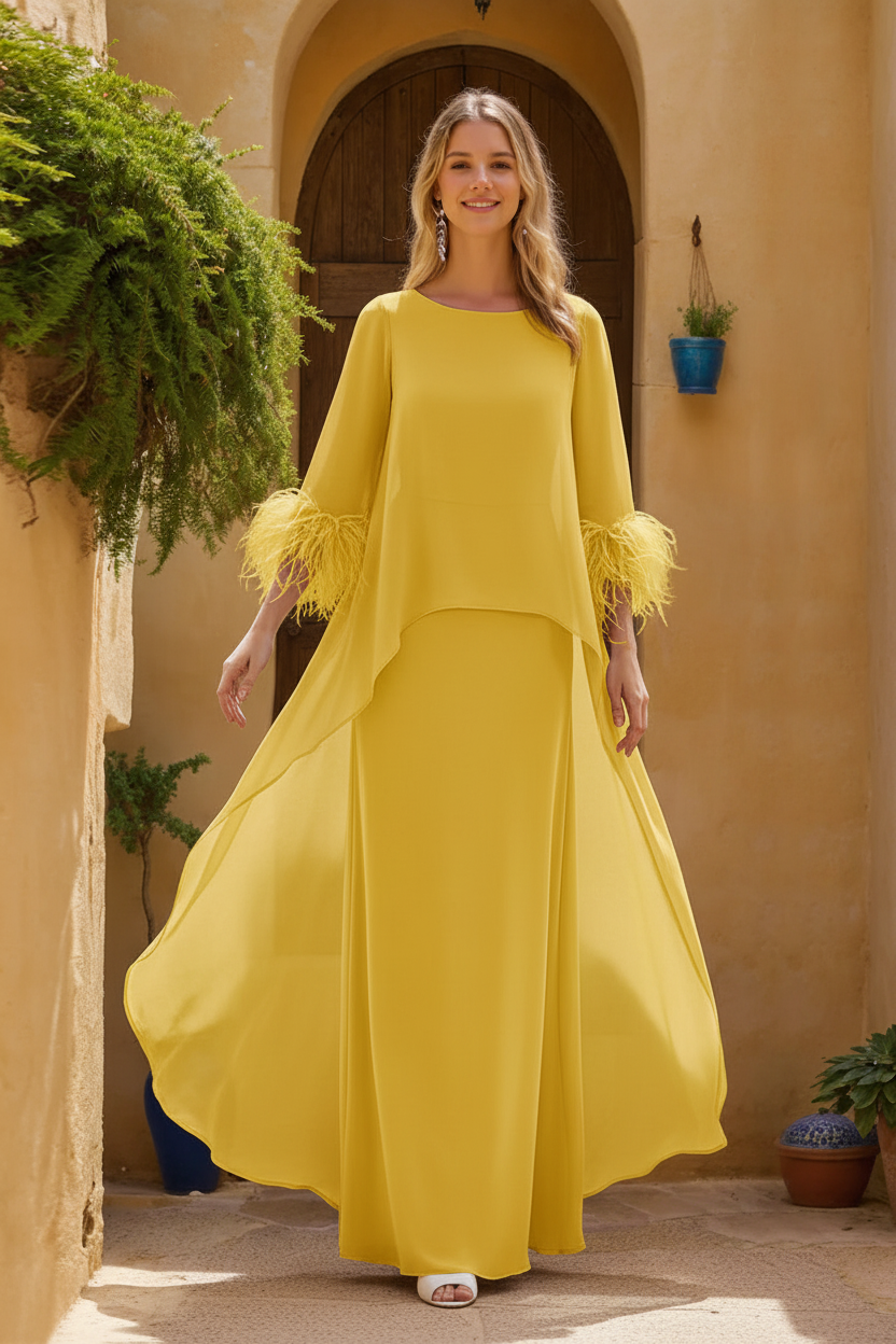 Sheath/Column Jewel Neck 3/4 Sleeves Floor-Length Mother of the Bride Dresses with Cape & Feathers