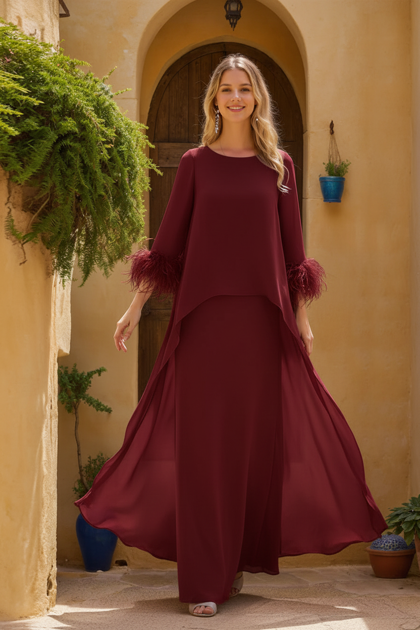 Sheath/Column Jewel Neck 3/4 Sleeves Floor-Length Mother of the Bride Dresses with Cape & Feathers