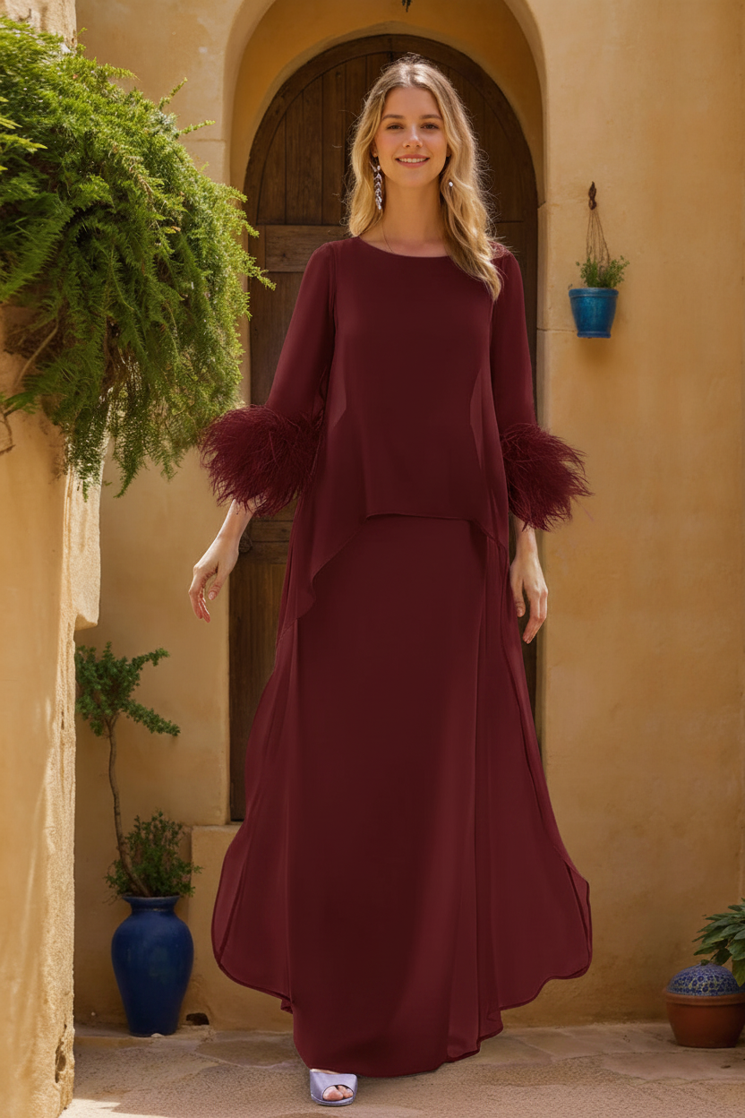 Sheath/Column Jewel Neck 3/4 Sleeves Floor-Length Mother of the Bride Dresses with Cape & Feathers