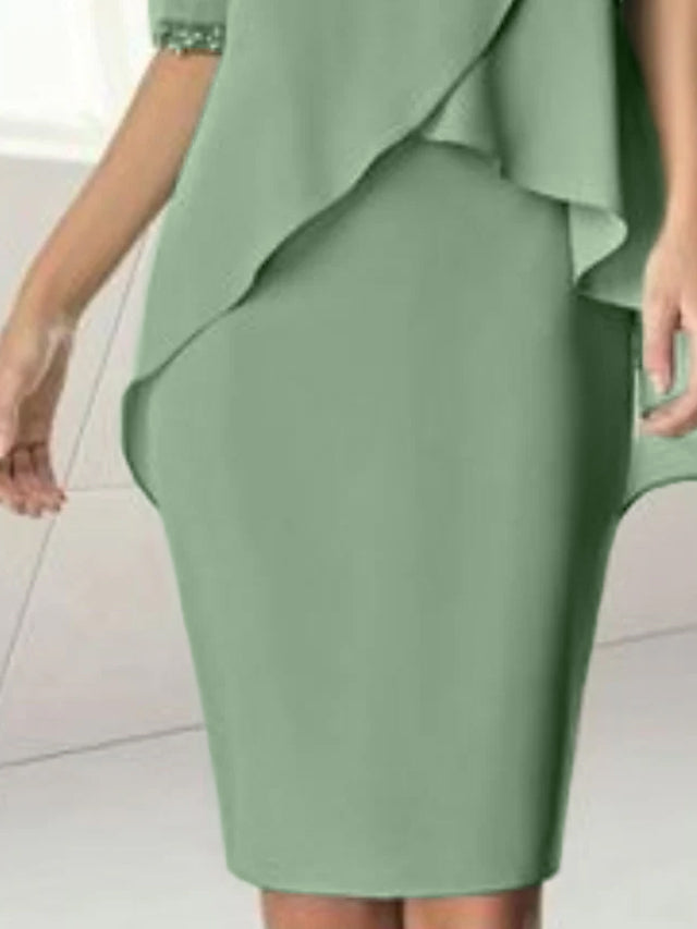 Sheath/Column Jewel Neck Knee-Length Half Sleeve Mother of the Bride Dresses with Beading Ruching