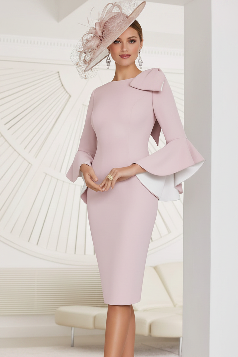 Sheath/Column Jewel Neck Knee-Length Mother of the Bride Dresses with Bow Detail and Flared Sleeves