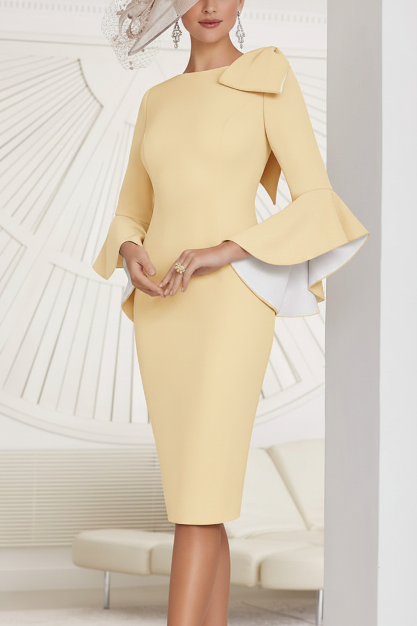 Sheath/Column Jewel Neck Knee-Length Mother of the Bride Dresses with Bow Detail and Flared Sleeves