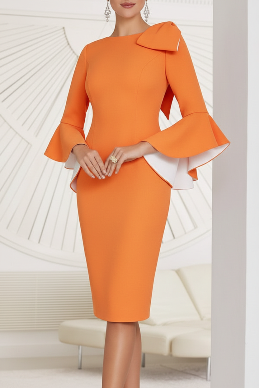 Sheath/Column Jewel Neck Knee-Length Mother of the Bride Dresses with Bow Detail and Flared Sleeves