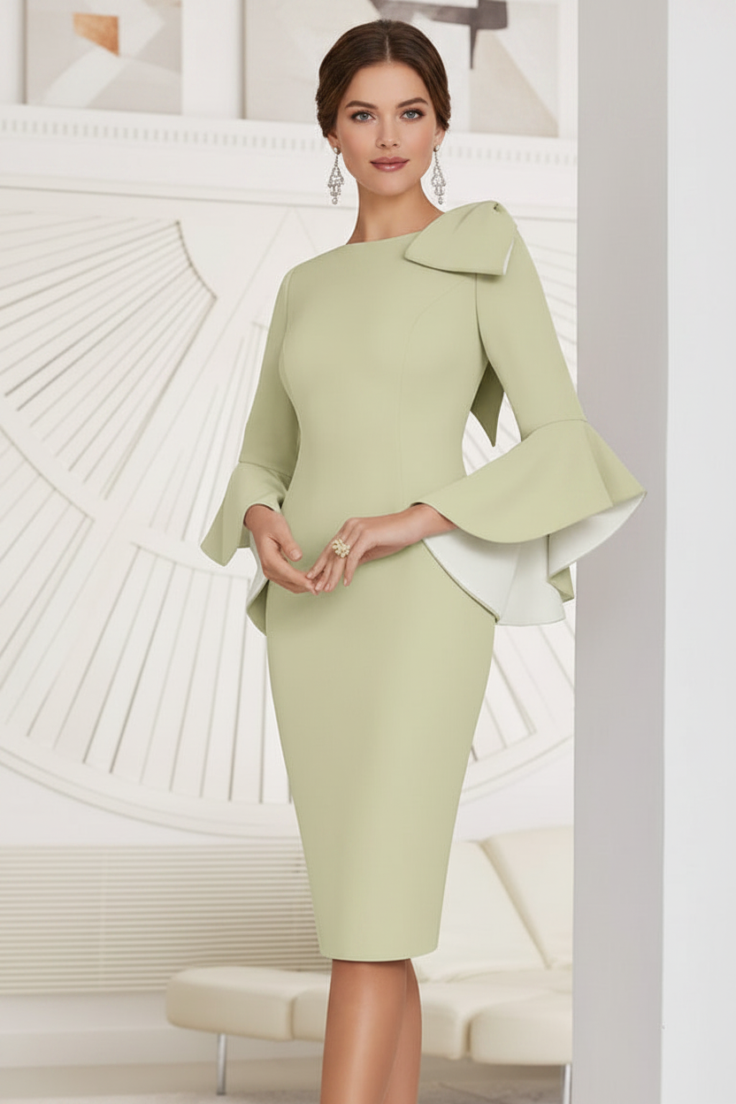 Sheath/Column Jewel Neck Knee-Length Mother of the Bride Dresses with Bow Detail and Flared Sleeves