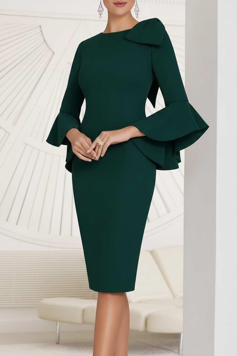 Sheath/Column Jewel Neck Knee-Length Mother of the Bride Dresses with Bow Detail and Flared Sleeves