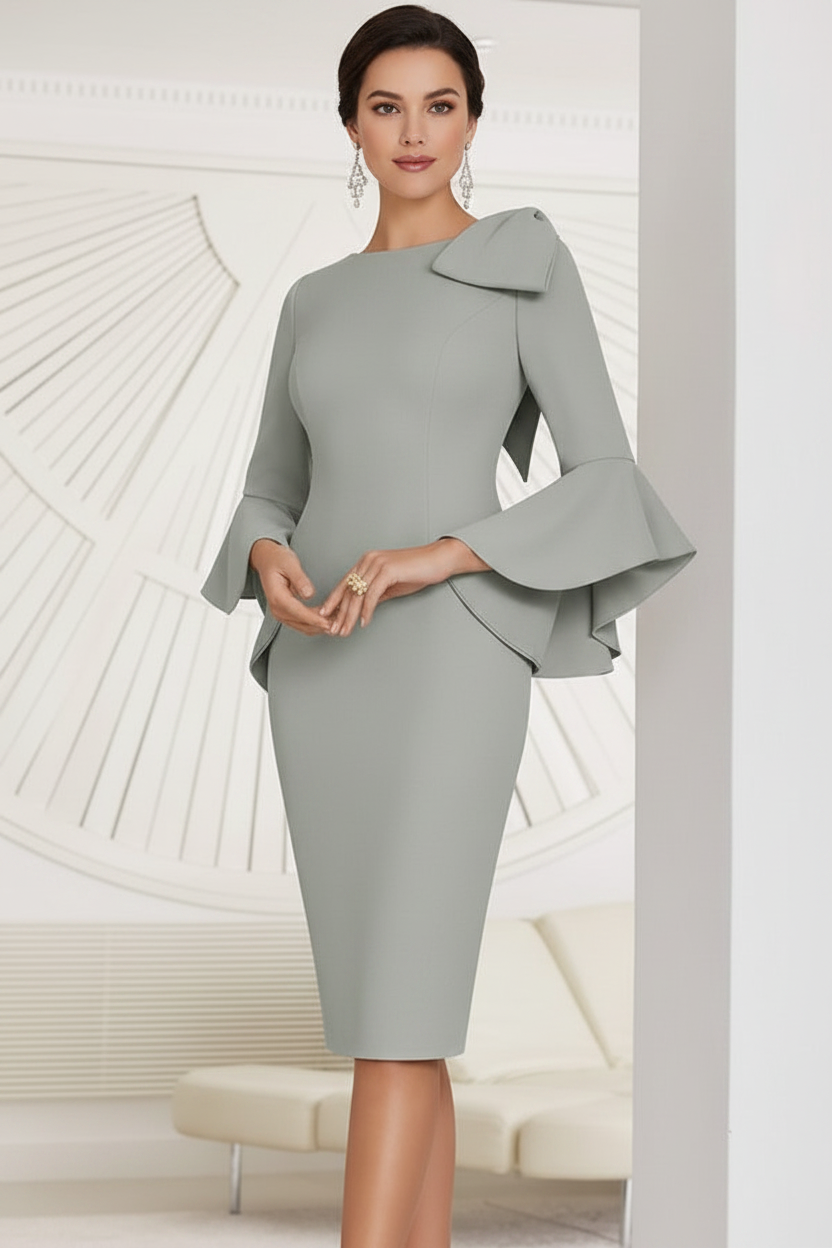 Sheath/Column Jewel Neck Knee-Length Mother of the Bride Dresses with Bow Detail and Flared Sleeves