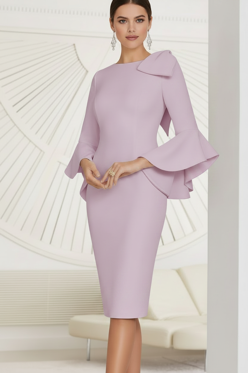 Sheath/Column Jewel Neck Knee-Length Mother of the Bride Dresses with Bow Detail and Flared Sleeves