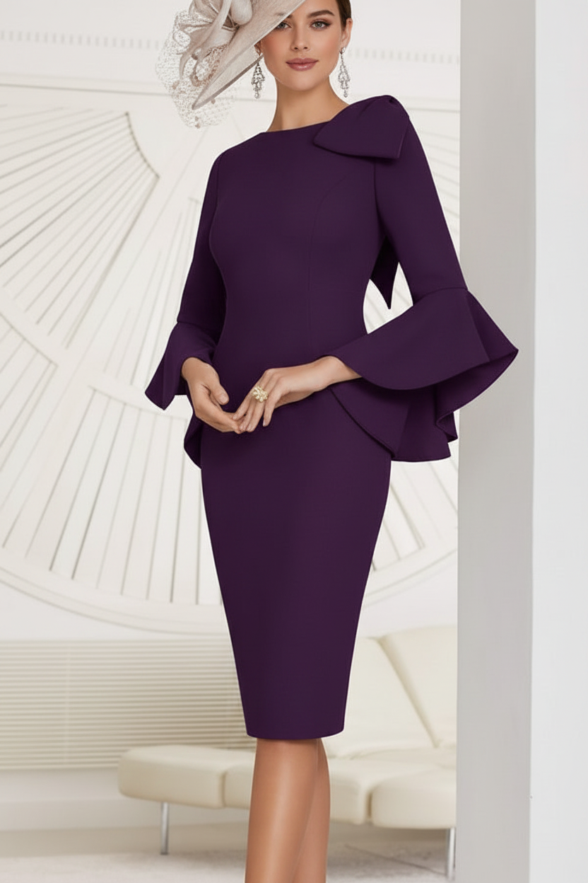Sheath/Column Jewel Neck Knee-Length Mother of the Bride Dresses with Bow Detail and Flared Sleeves