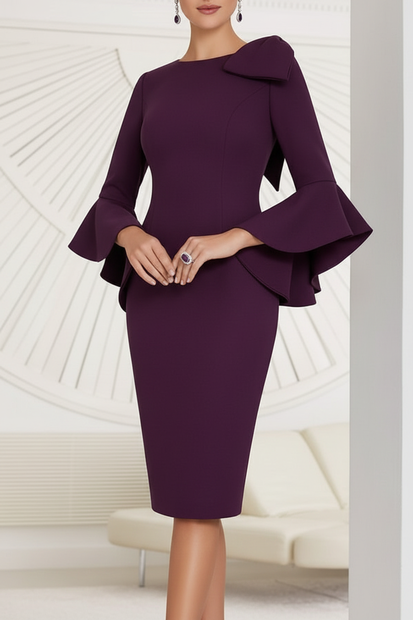 Sheath/Column Jewel Neck Knee-Length Mother of the Bride Dresses with Bow Detail and Flared Sleeves