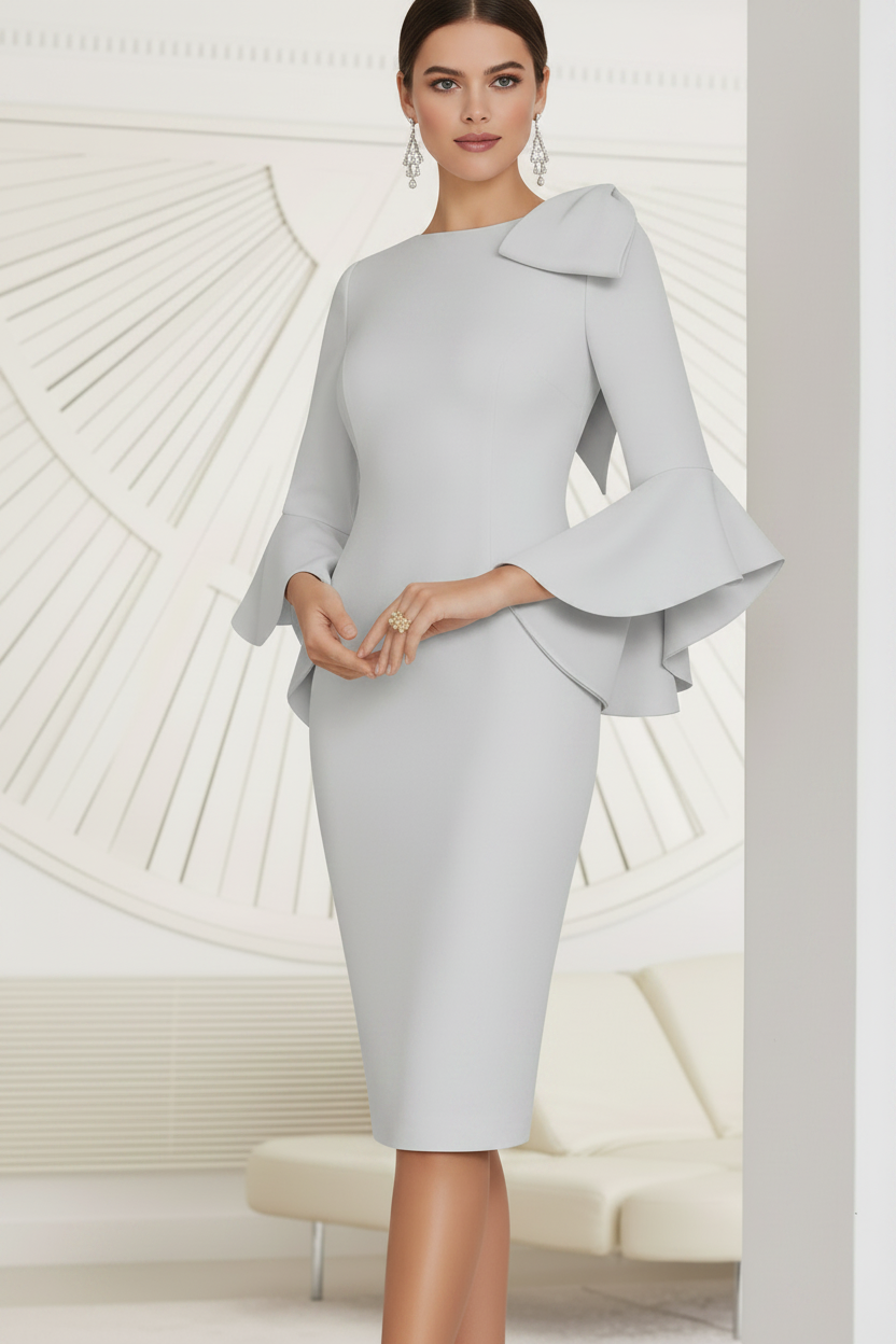 Sheath/Column Jewel Neck Knee-Length Mother of the Bride Dresses with Bow Detail and Flared Sleeves