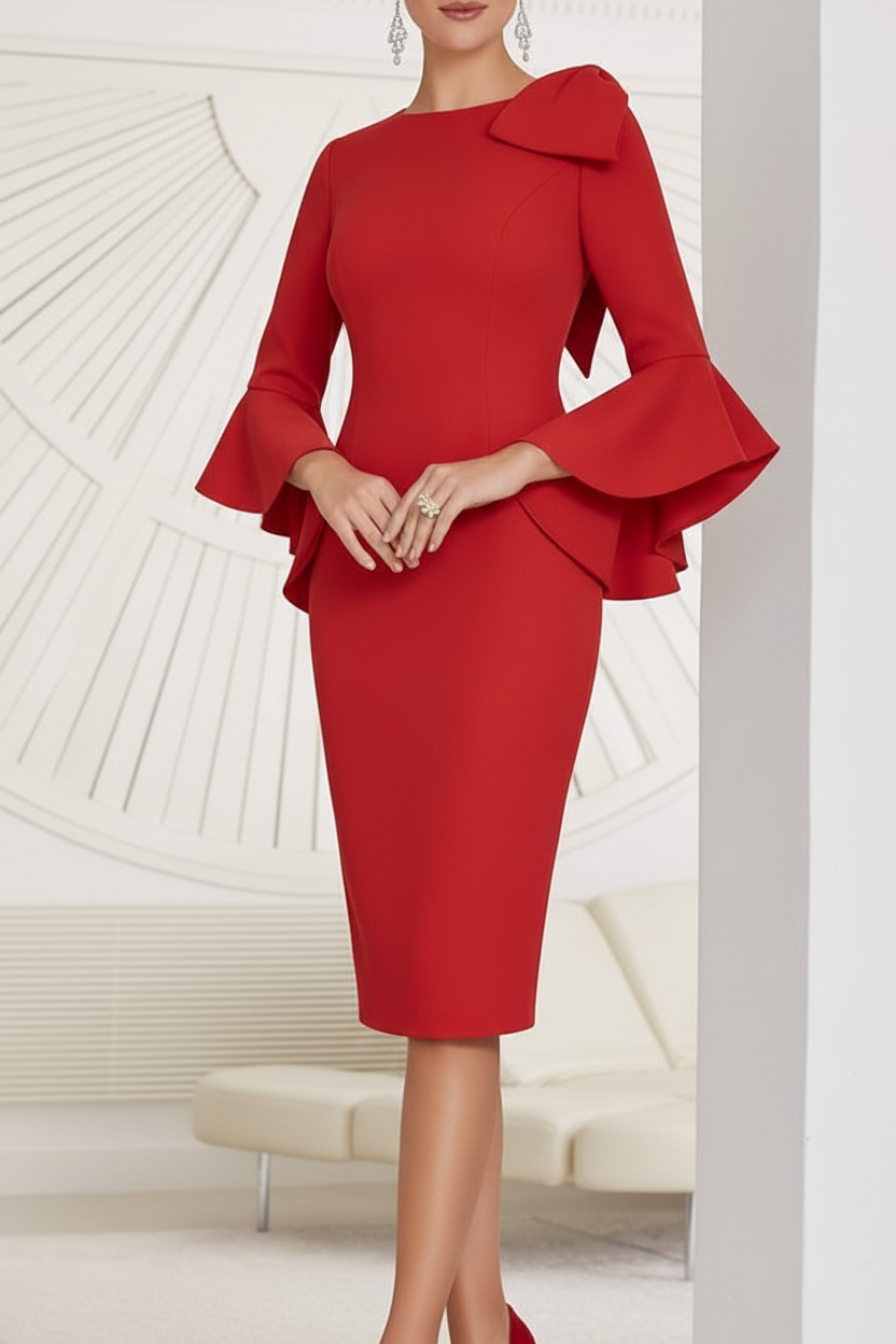 Sheath/Column Jewel Neck Knee-Length Mother of the Bride Dresses with Bow Detail and Flared Sleeves