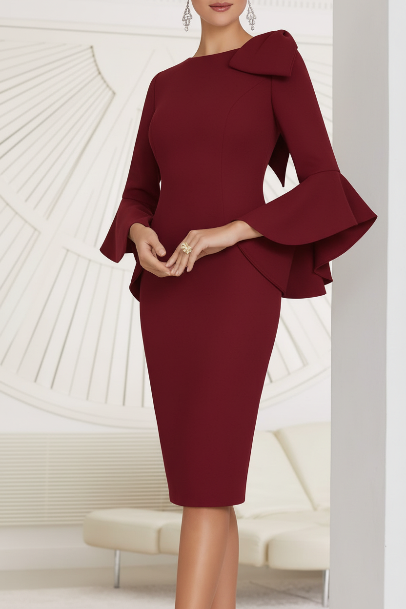 Sheath/Column Jewel Neck Knee-Length Mother of the Bride Dresses with Bow Detail and Flared Sleeves