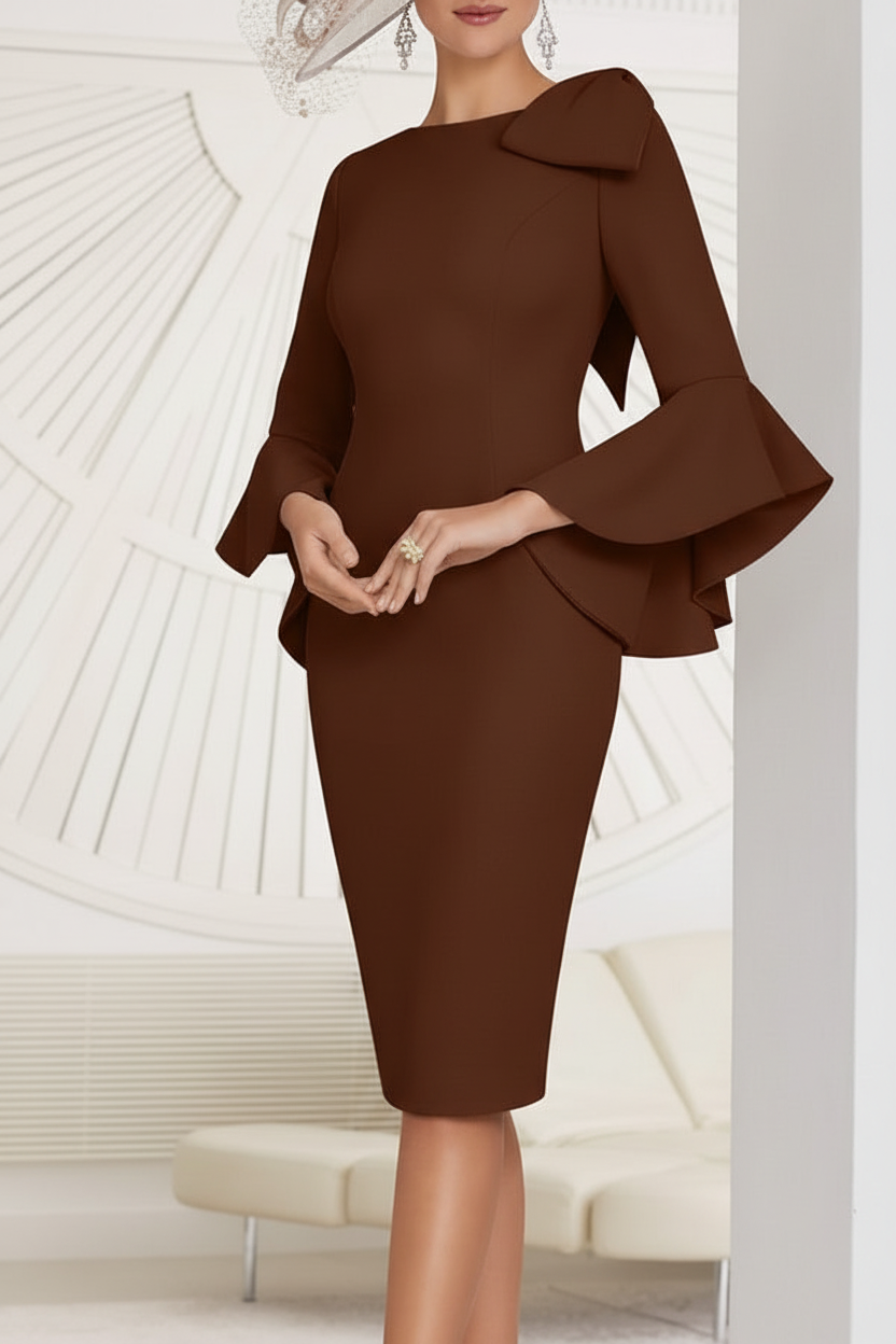 Sheath/Column Jewel Neck Knee-Length Mother of the Bride Dresses with Bow Detail and Flared Sleeves