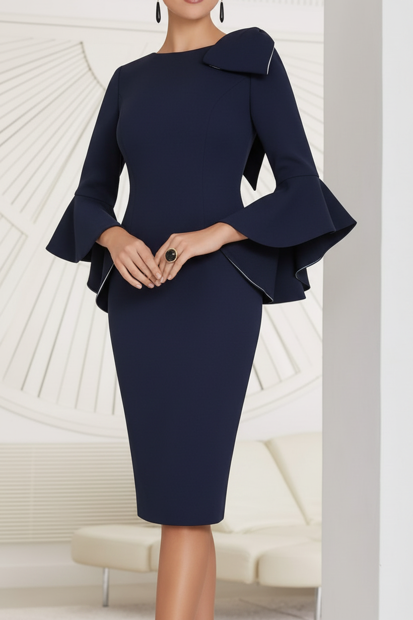 Sheath/Column Jewel Neck Knee-Length Mother of the Bride Dresses with Bow Detail and Flared Sleeves