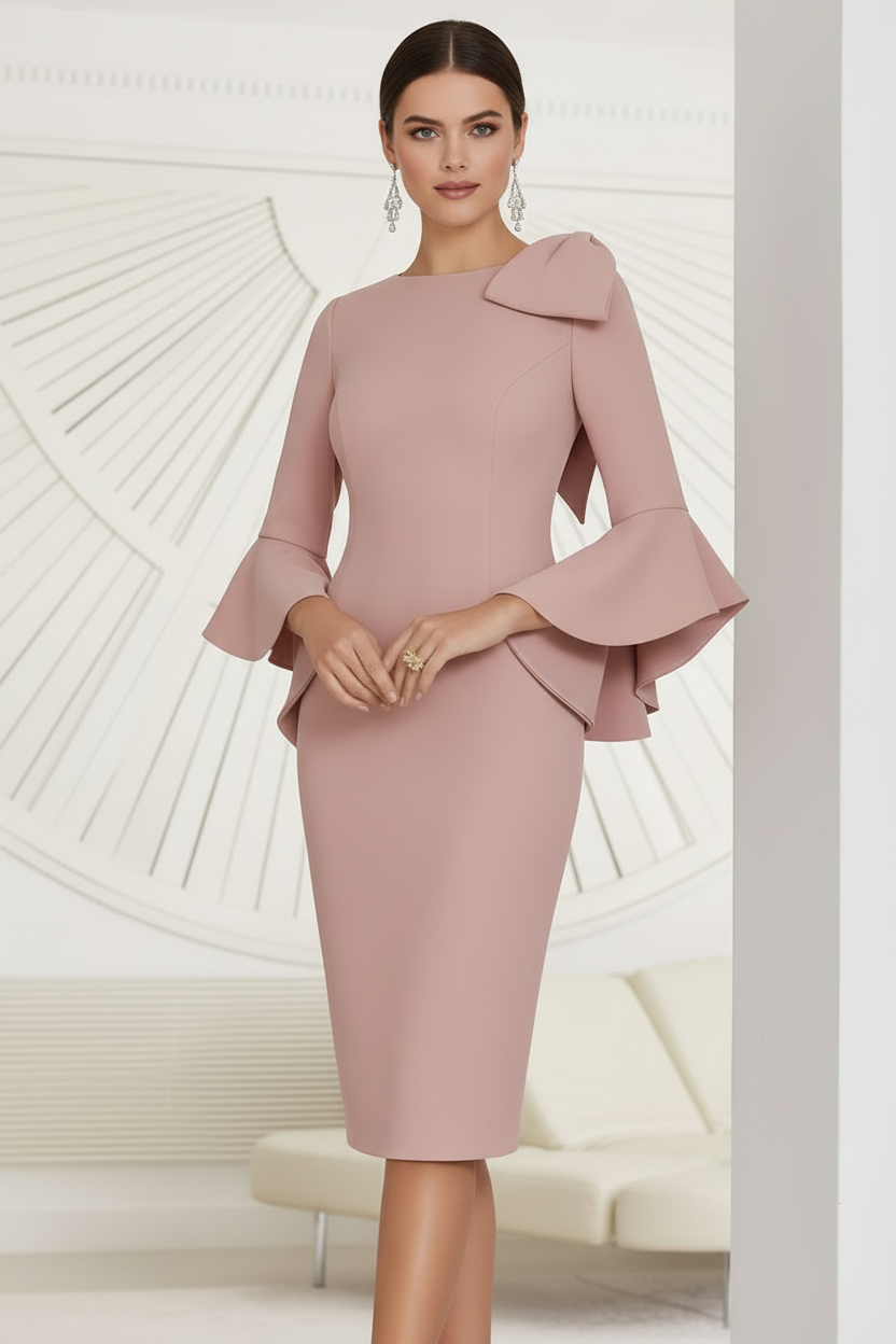 Sheath/Column Jewel Neck Knee-Length Mother of the Bride Dresses with Bow Detail and Flared Sleeves