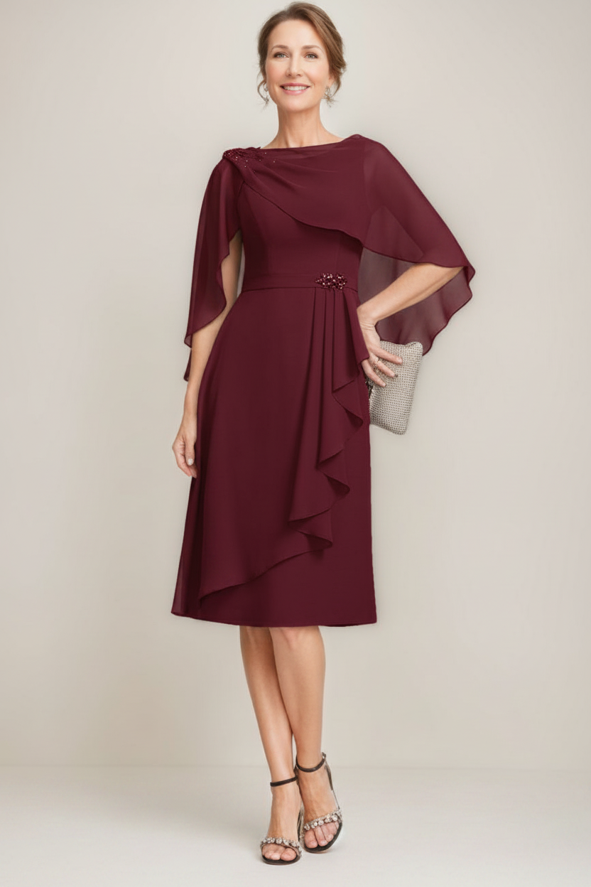 Sheath/Column Jewel Neck Tea-Length Mother Of The Bride Dresses with Detachable Cape & Ruffles & Beads