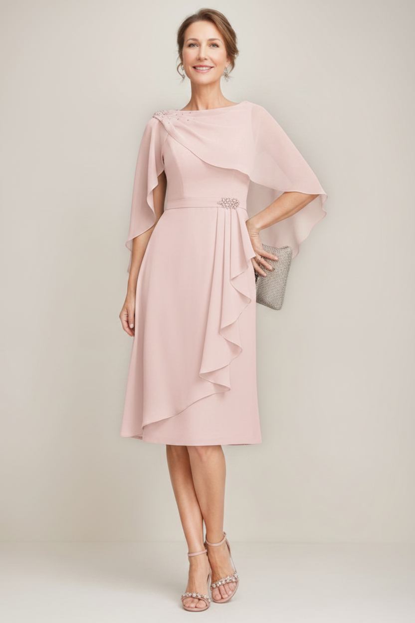 Sheath/Column Jewel Neck Tea-Length Mother Of The Bride Dresses with Detachable Cape & Ruffles & Beads