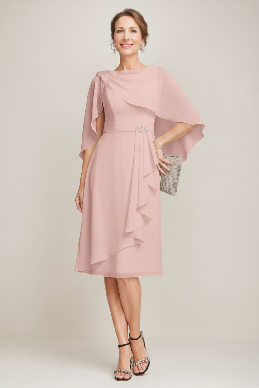 Sheath/Column Jewel Neck Tea-Length Mother Of The Bride Dresses with Detachable Cape & Ruffles & Beads