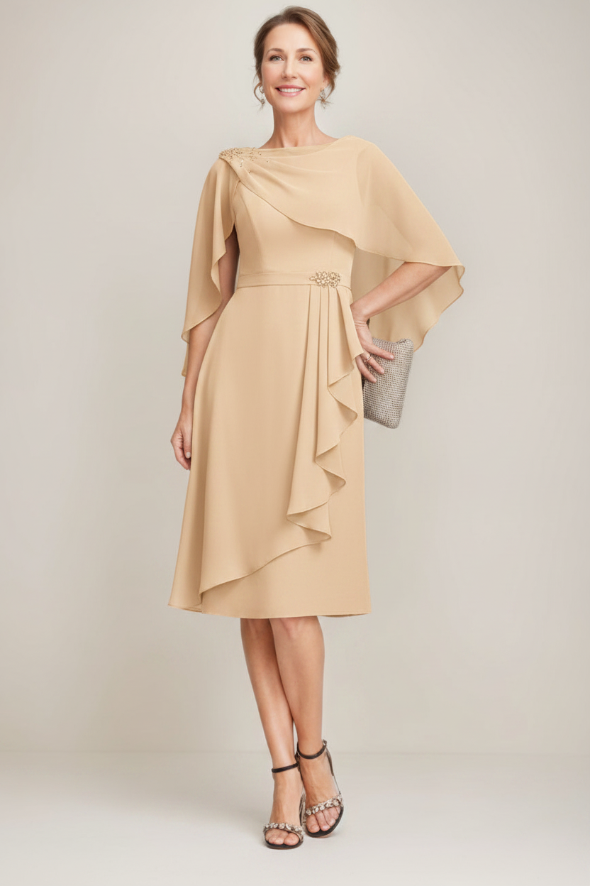 Sheath/Column Jewel Neck Tea-Length Mother Of The Bride Dresses with Detachable Cape & Ruffles & Beads