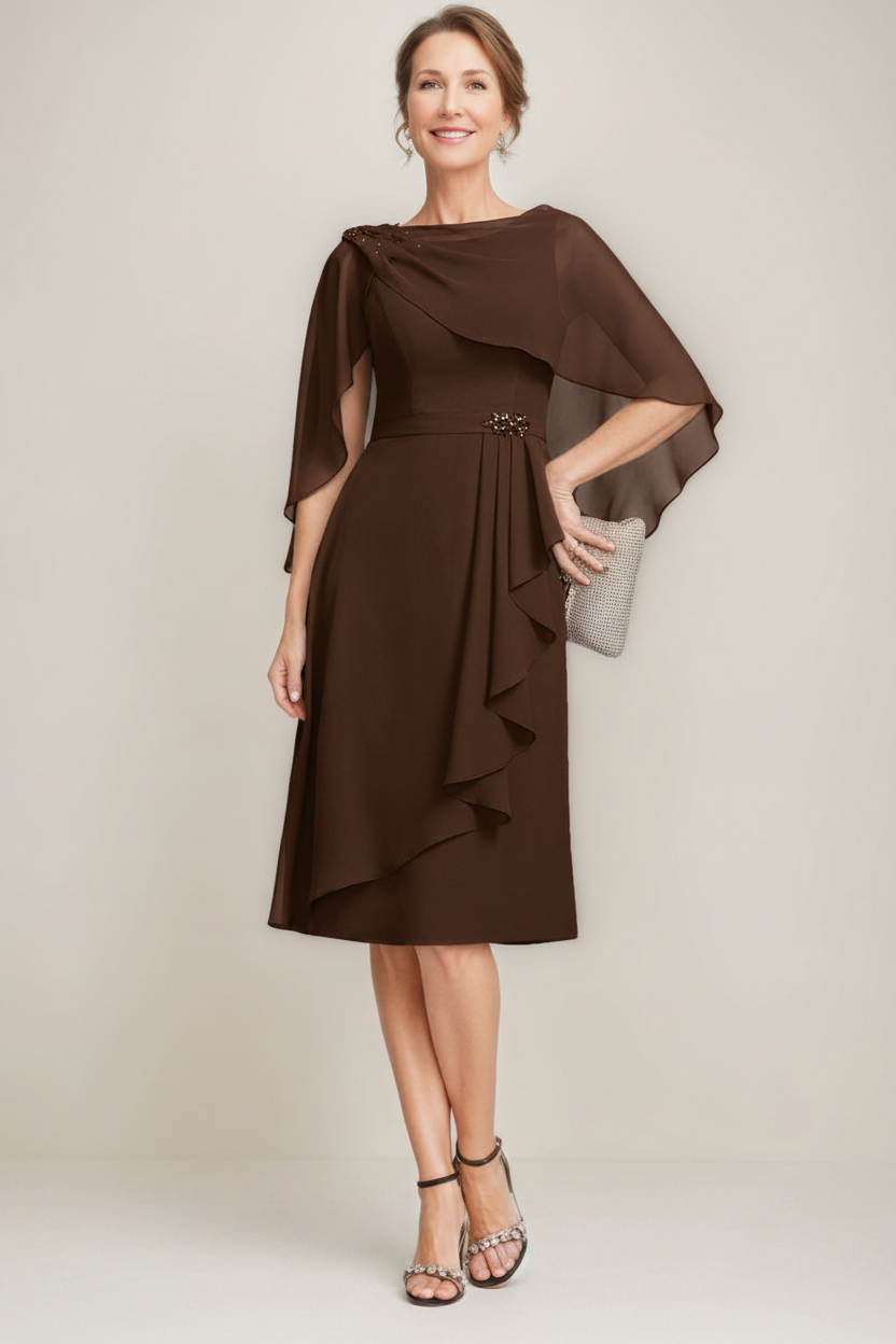 Sheath/Column Jewel Neck Tea-Length Mother Of The Bride Dresses with Detachable Cape & Ruffles & Beads