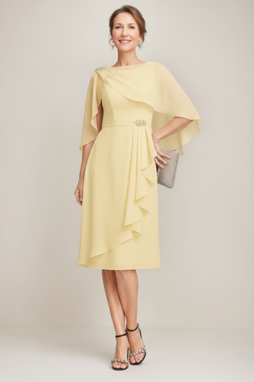 Sheath/Column Jewel Neck Tea-Length Mother Of The Bride Dresses with Detachable Cape & Ruffles & Beads