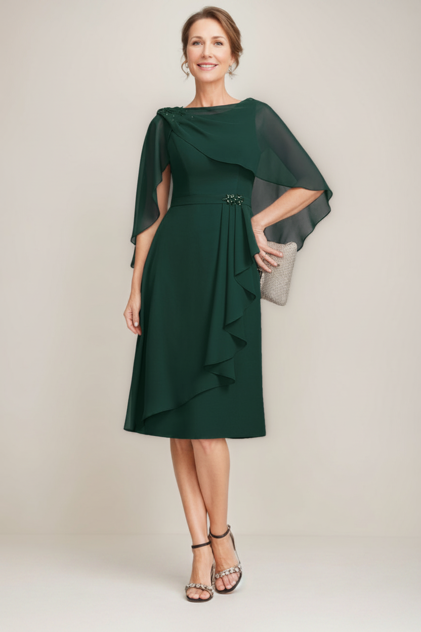Sheath/Column Jewel Neck Tea-Length Mother Of The Bride Dresses with Detachable Cape & Ruffles & Beads