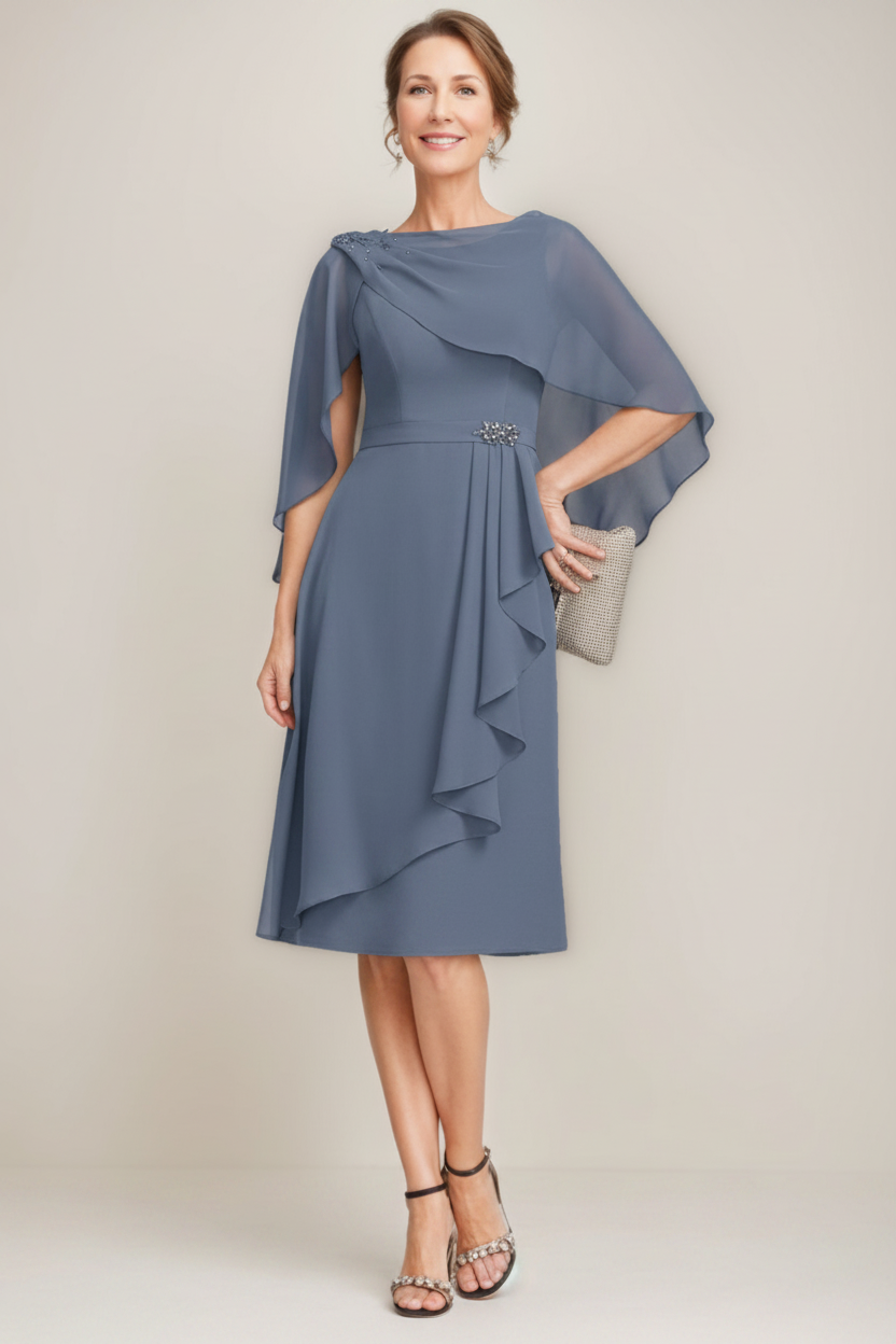 Sheath/Column Jewel Neck Tea-Length Mother Of The Bride Dresses with Detachable Cape & Ruffles & Beads