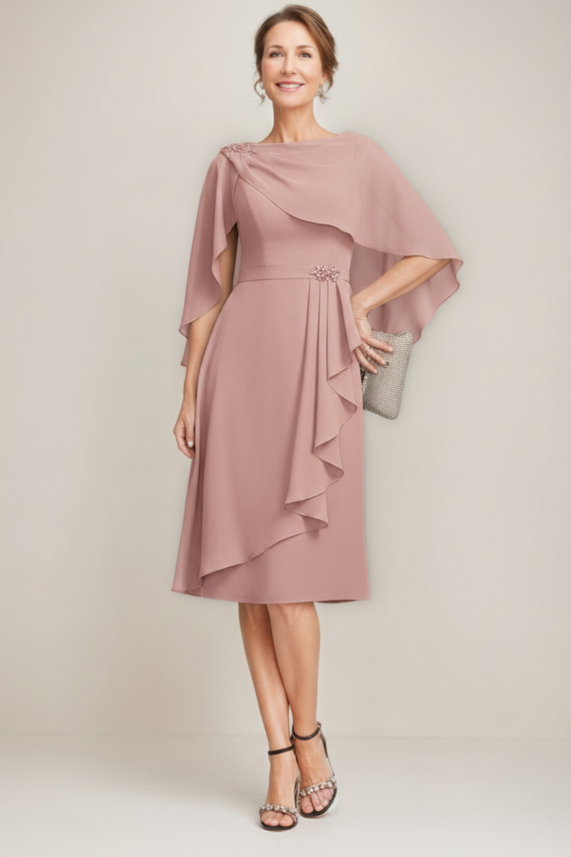 Sheath/Column Jewel Neck Tea-Length Mother Of The Bride Dresses with Detachable Cape & Ruffles & Beads