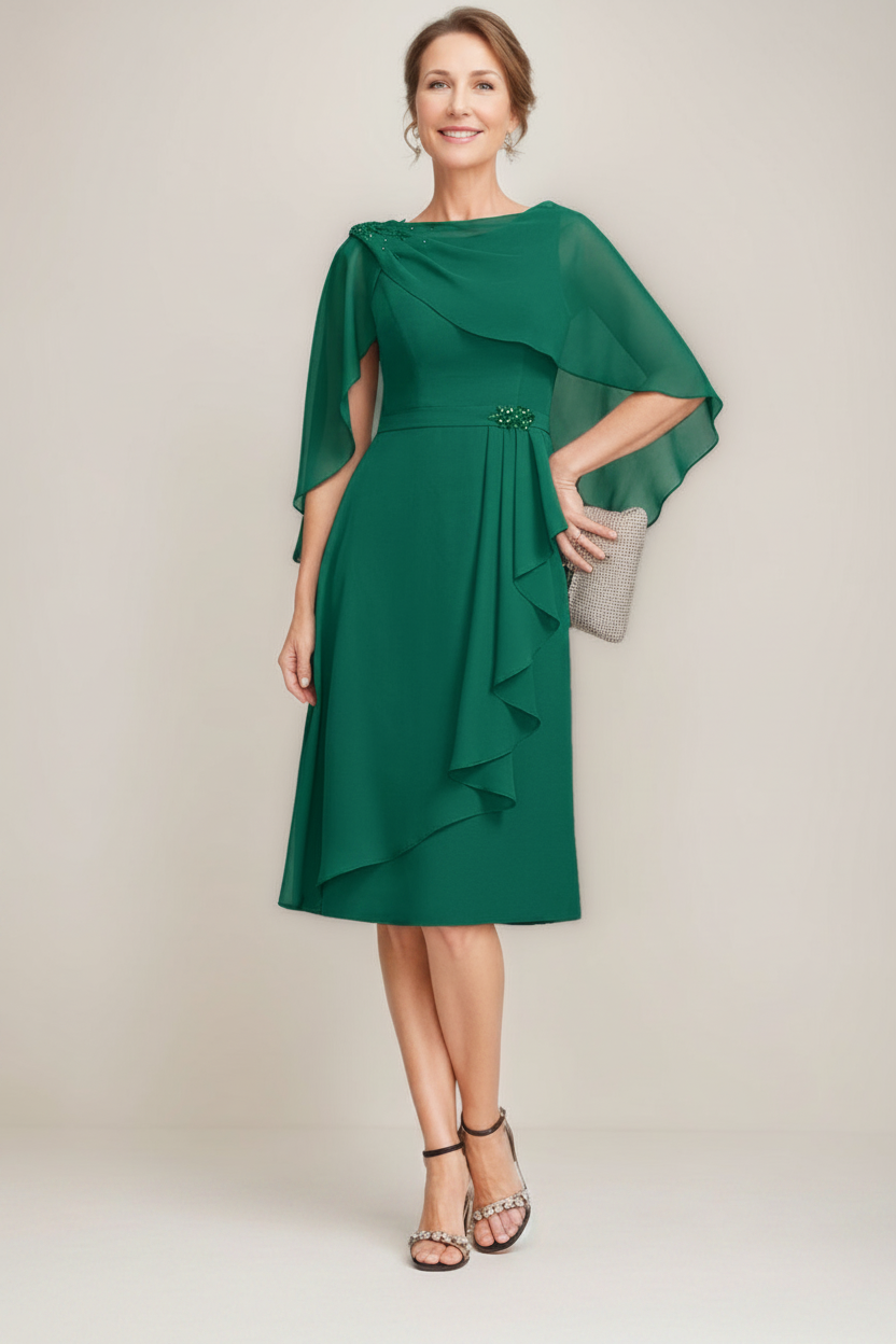 Sheath/Column Jewel Neck Tea-Length Mother Of The Bride Dresses with Detachable Cape & Ruffles & Beads