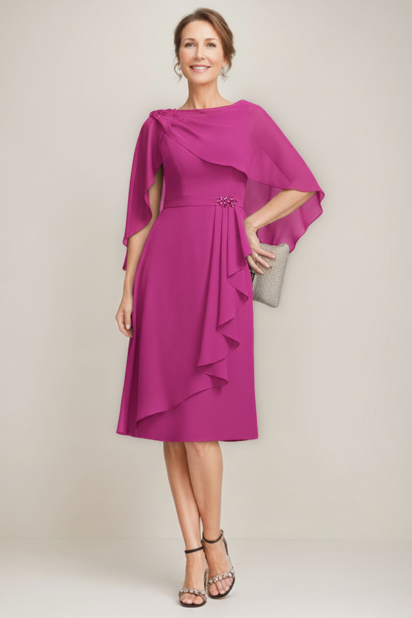 Sheath/Column Jewel Neck Tea-Length Mother Of The Bride Dresses with Detachable Cape & Ruffles & Beads