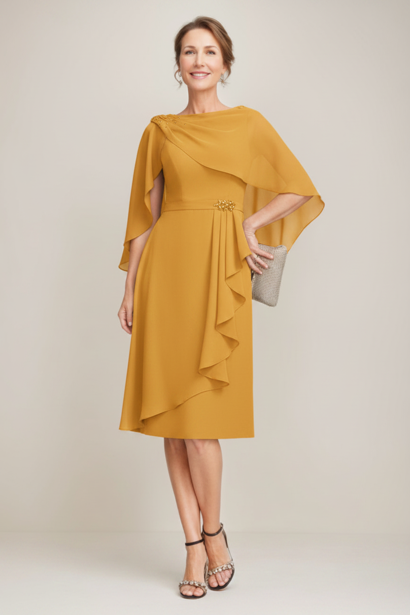 Sheath/Column Jewel Neck Tea-Length Mother Of The Bride Dresses with Detachable Cape & Ruffles & Beads