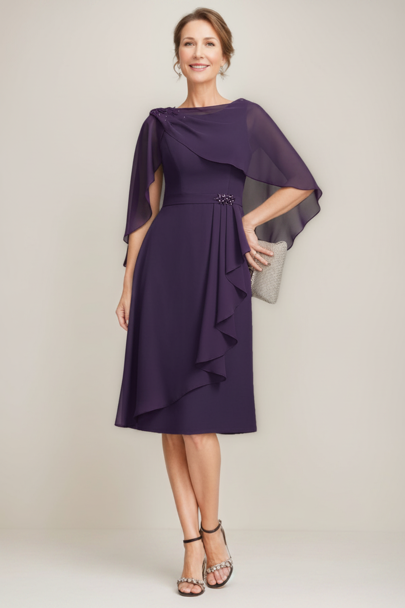 Sheath/Column Jewel Neck Tea-Length Mother Of The Bride Dresses with Detachable Cape & Ruffles & Beads