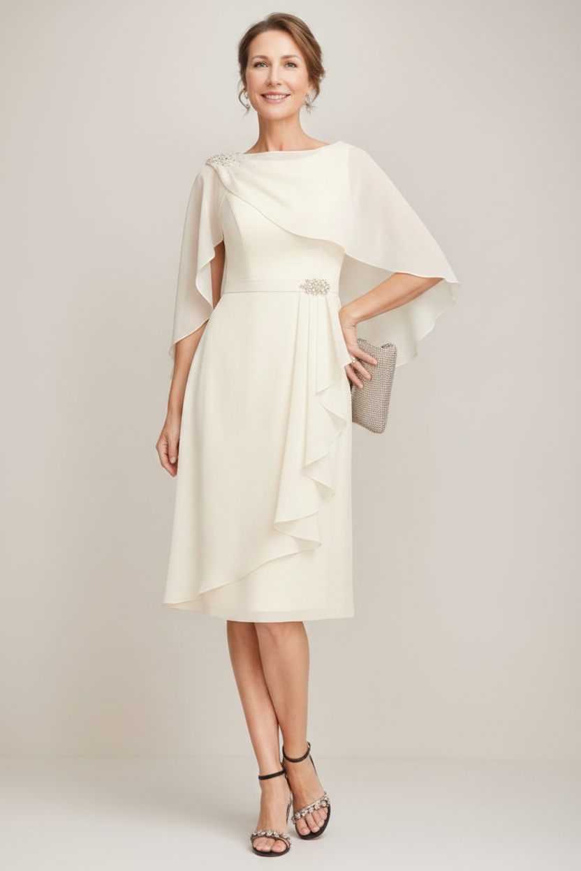 Sheath/Column Jewel Neck Tea-Length Mother Of The Bride Dresses with Detachable Cape & Ruffles & Beads