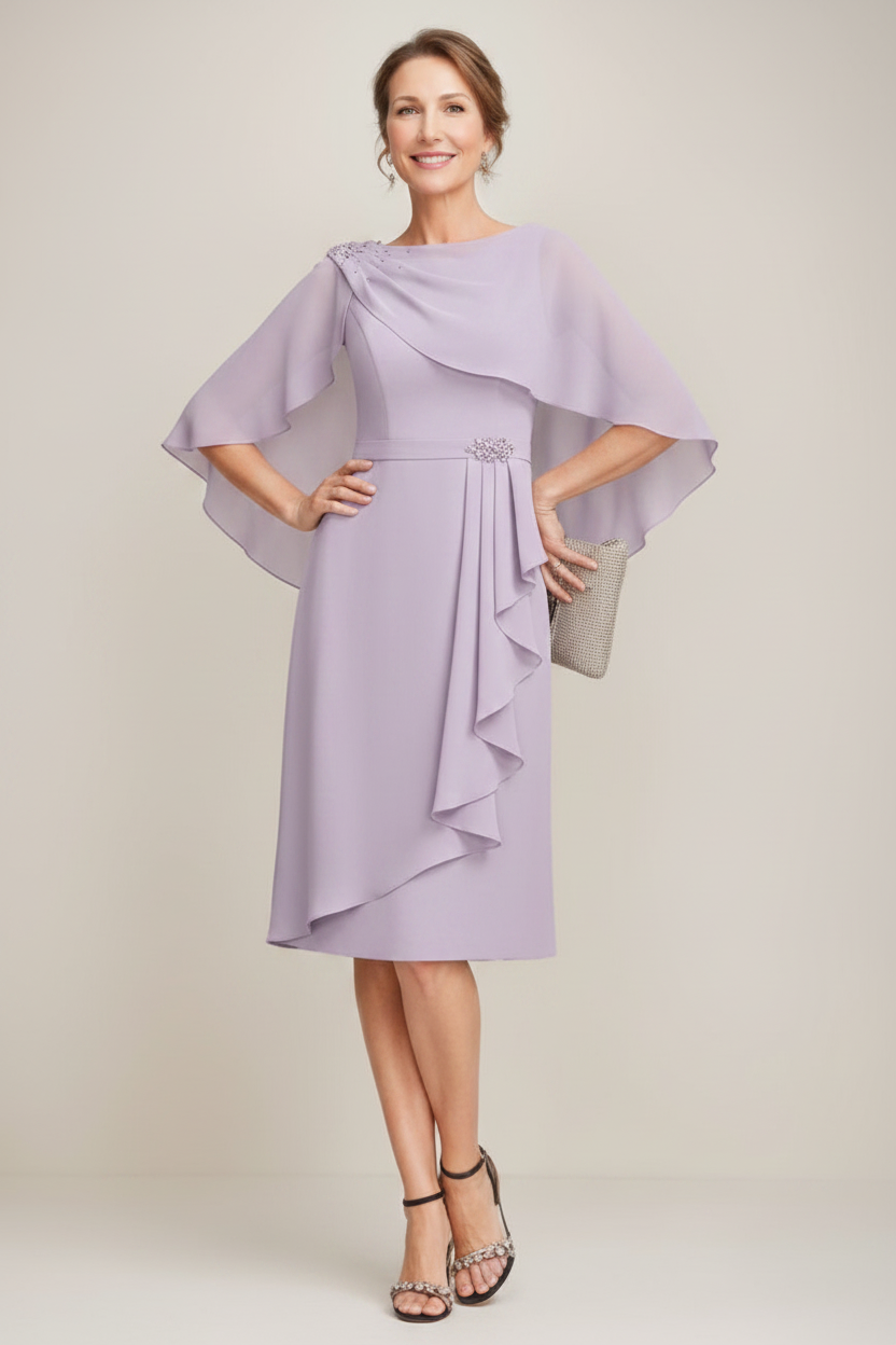 Sheath/Column Jewel Neck Tea-Length Mother Of The Bride Dresses with Detachable Cape & Ruffles & Beads