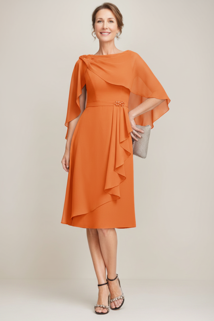 Sheath/Column Jewel Neck Tea-Length Mother Of The Bride Dresses with Detachable Cape & Ruffles & Beads