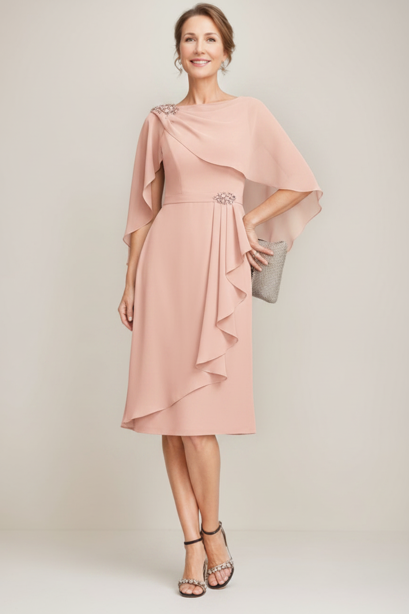 Sheath/Column Jewel Neck Tea-Length Mother Of The Bride Dresses with Detachable Cape & Ruffles & Beads