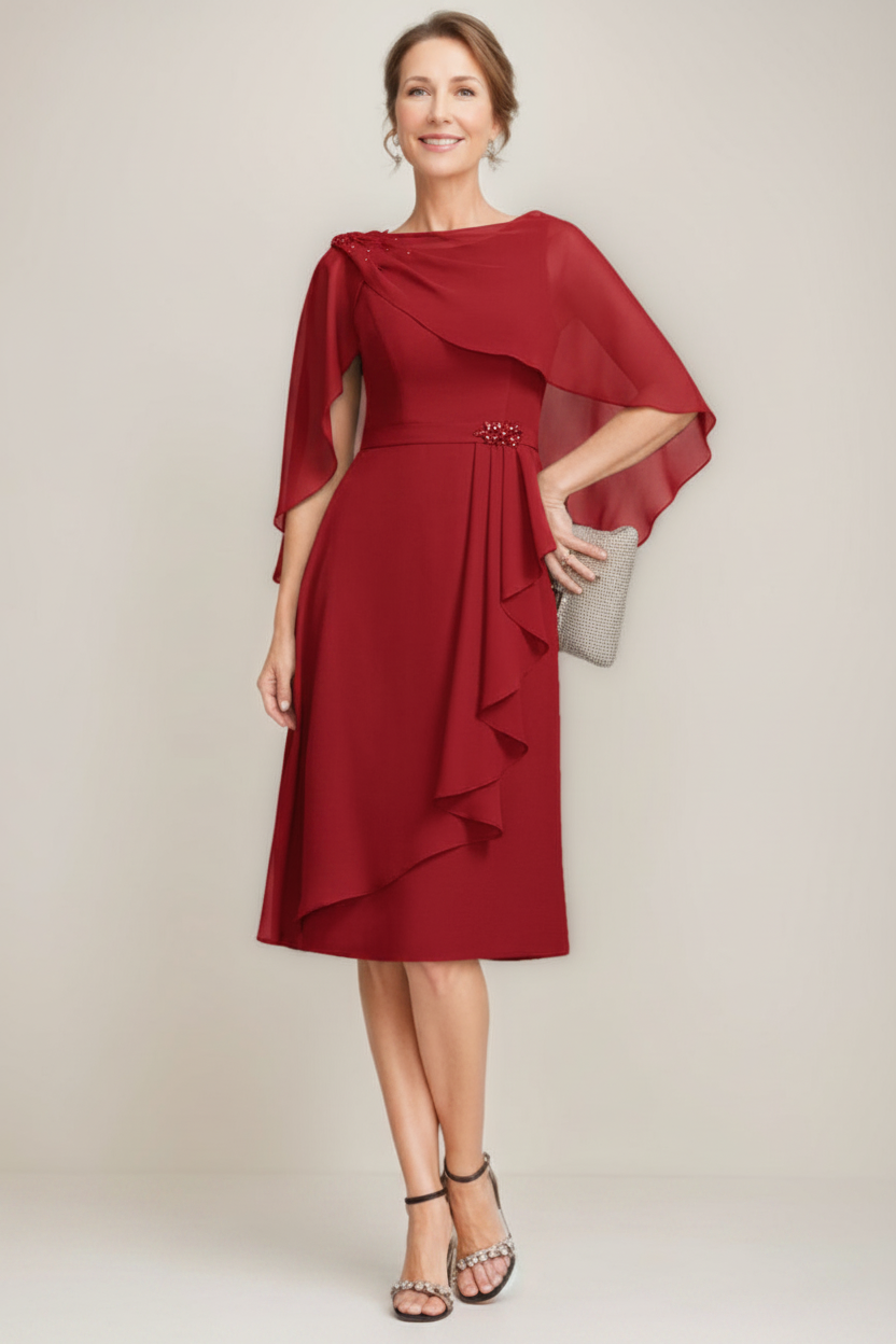 Sheath/Column Jewel Neck Tea-Length Mother Of The Bride Dresses with Detachable Cape & Ruffles & Beads