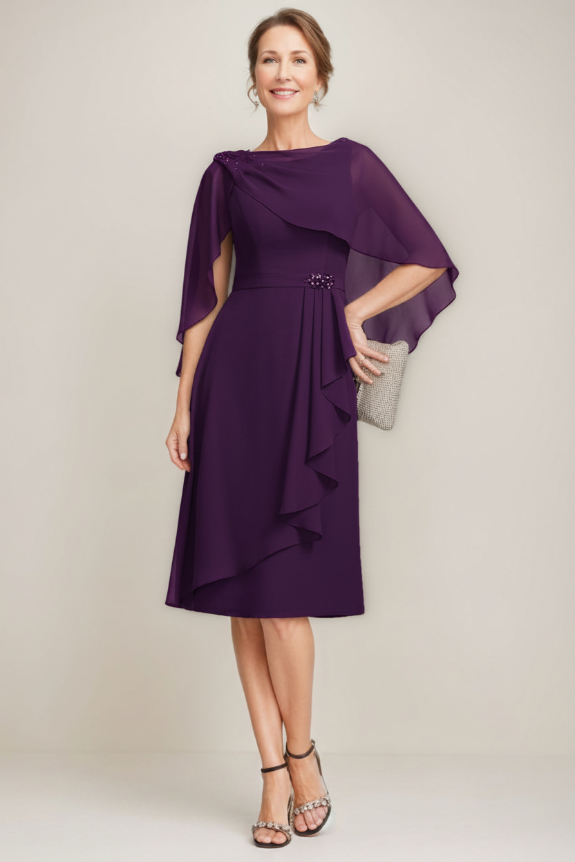 Sheath/Column Jewel Neck Tea-Length Mother Of The Bride Dresses with Detachable Cape & Ruffles & Beads