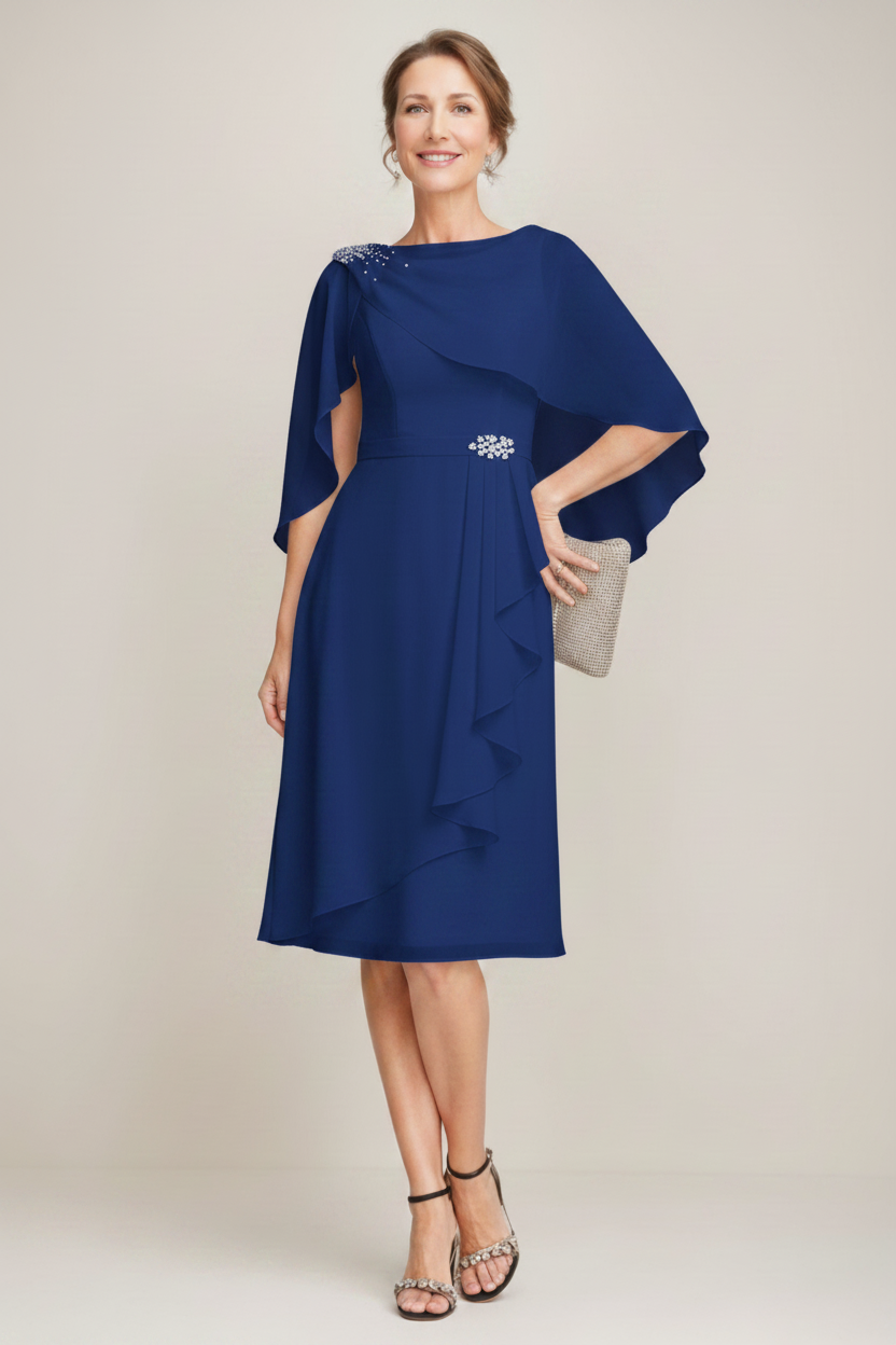 Sheath/Column Jewel Neck Tea-Length Mother Of The Bride Dresses with Detachable Cape & Ruffles & Beads