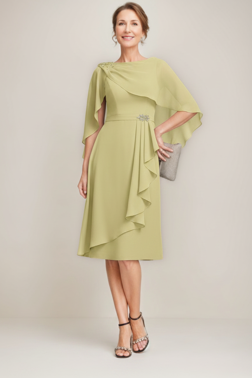 Sheath/Column Jewel Neck Tea-Length Mother Of The Bride Dresses with Detachable Cape & Ruffles & Beads