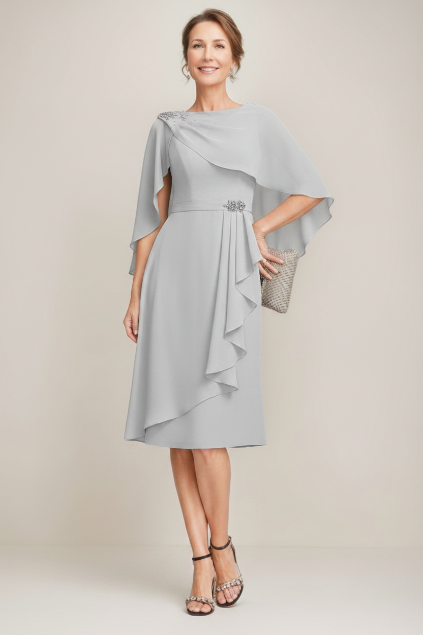 Sheath/Column Jewel Neck Tea-Length Mother Of The Bride Dresses with Detachable Cape & Ruffles & Beads