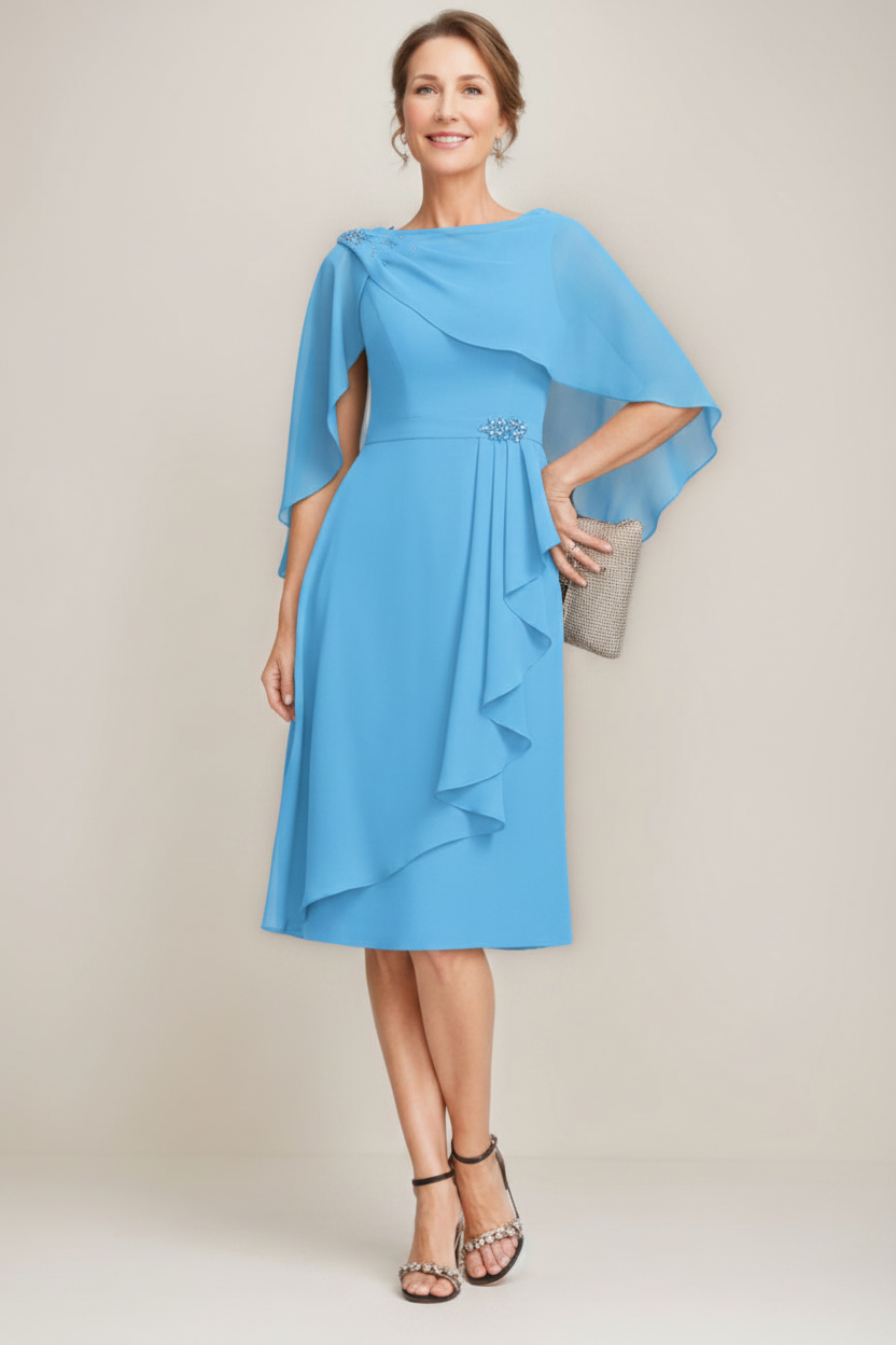 Sheath/Column Jewel Neck Tea-Length Mother Of The Bride Dresses with Detachable Cape & Ruffles & Beads